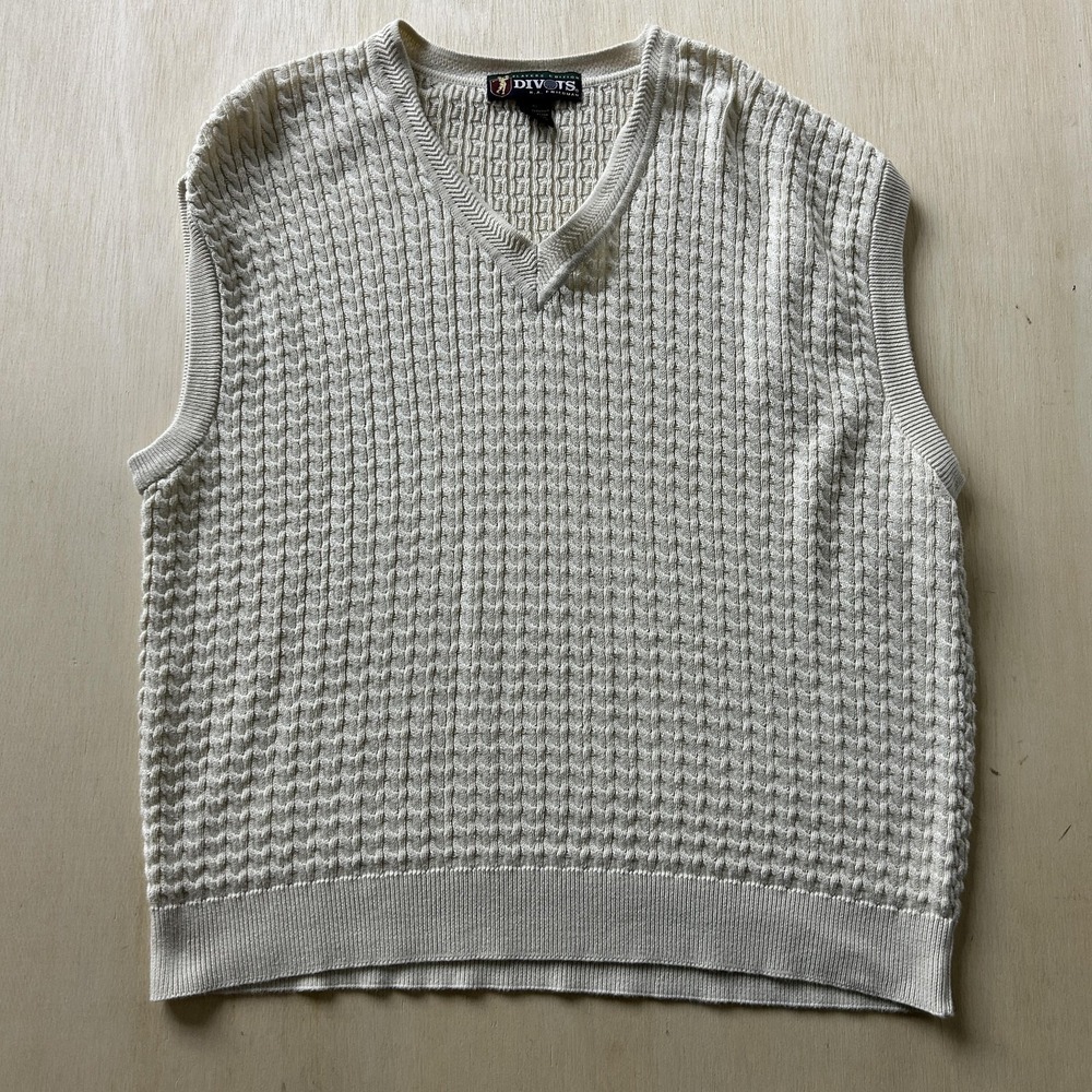 Divots Sweater Vest Mens XL White V Neck Peruvian Pima Cotton Waffle Knit Golf